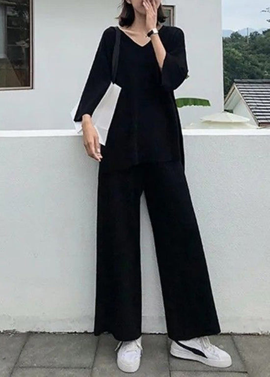 Style Orange V Neck Side Open Knit Two Piece Suit Set Spring