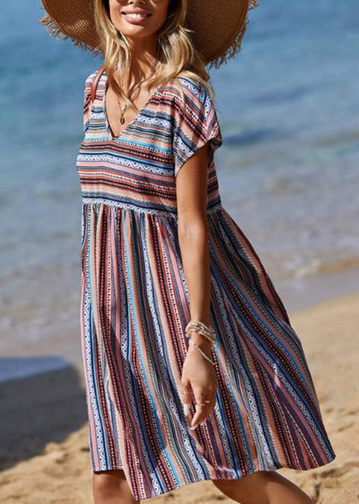 Blue V Neck Striped Cotton Mid Dress Summer