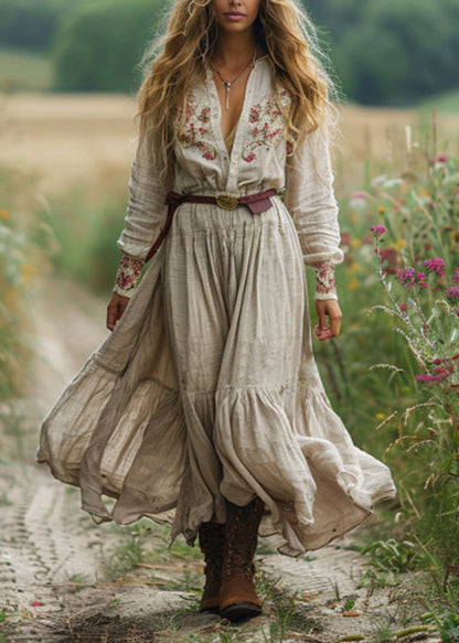 Beige V Neck Print Patchwork Cotton Long Dress Fall