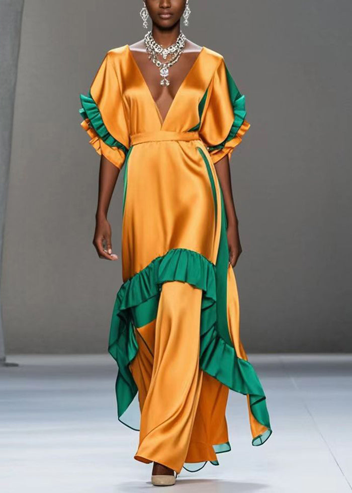 Yellow V Neck Patchwork Ruffles Silk Party Dress Summer