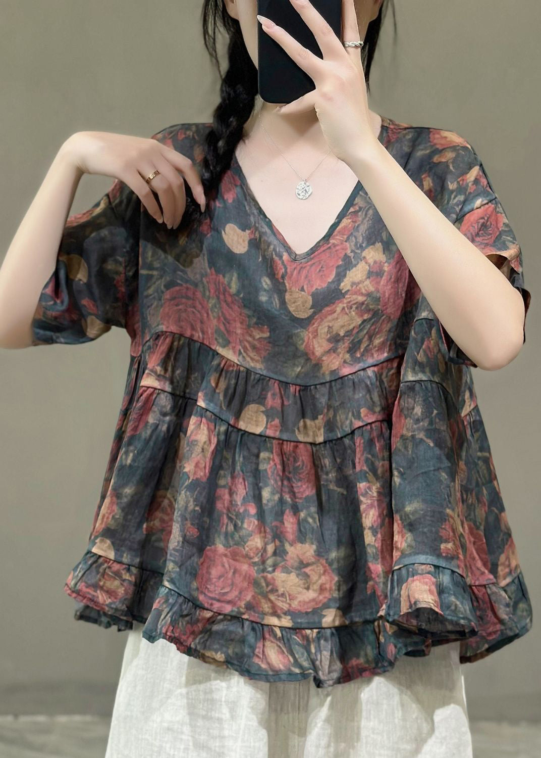 Navy V Neck Print Linen Top Short Sleeve