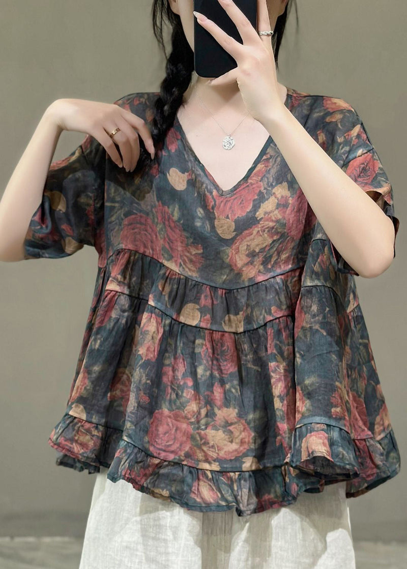Navy V Neck Print Linen Top Short Sleeve
