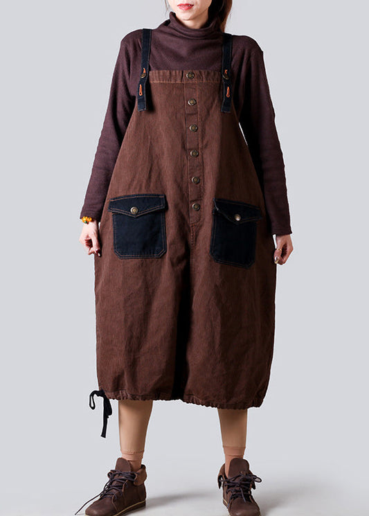 Brown Pockets Drawstring Denim Strap Dresses Fall