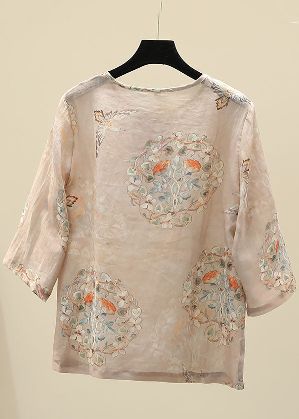 Apricot O-neck Print Oriental Button Side Open Linen Tops Half Sleeve