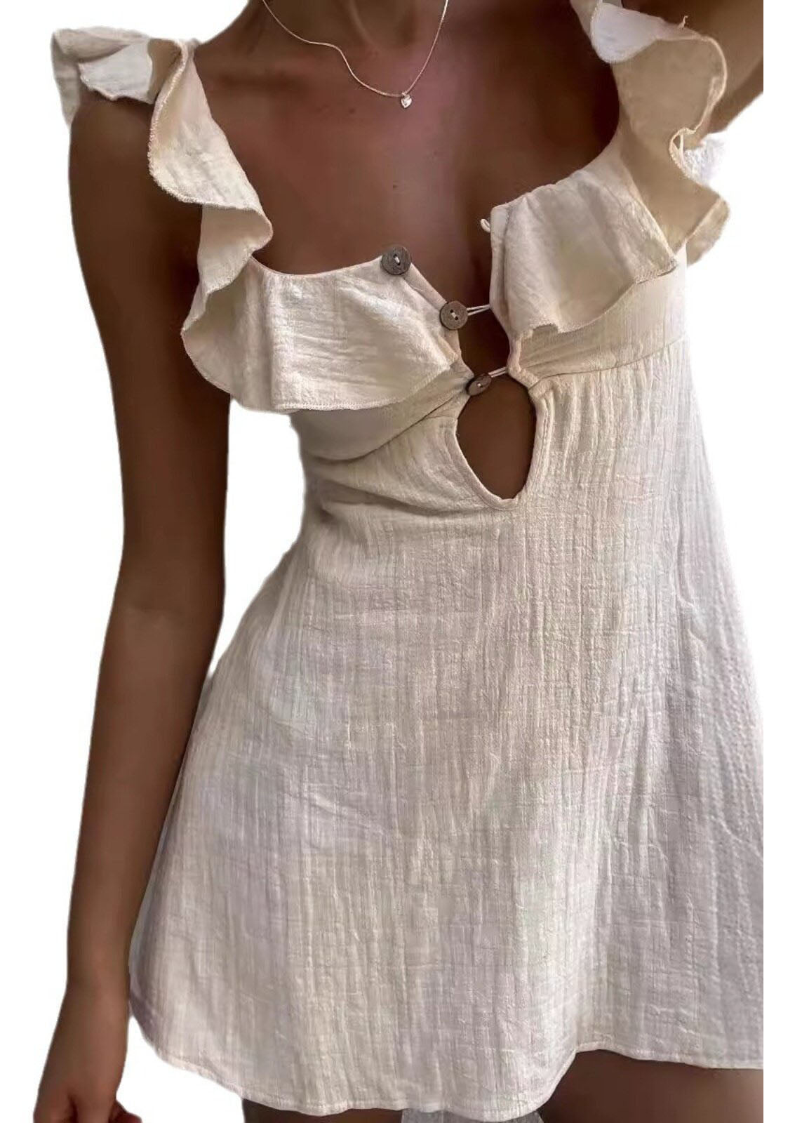 Vogue Beige Ruffled Patchwork Cotton Mini Dress Summer