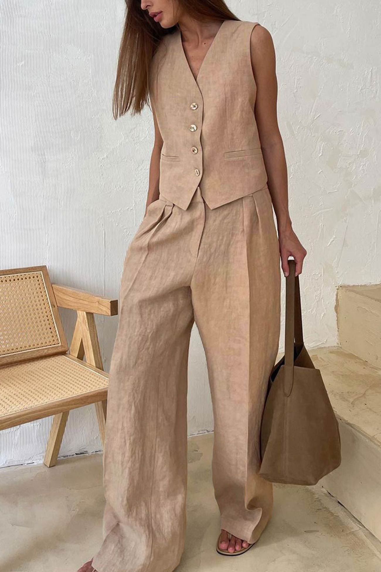 Cotton Linen Tank Top Pants Suits
