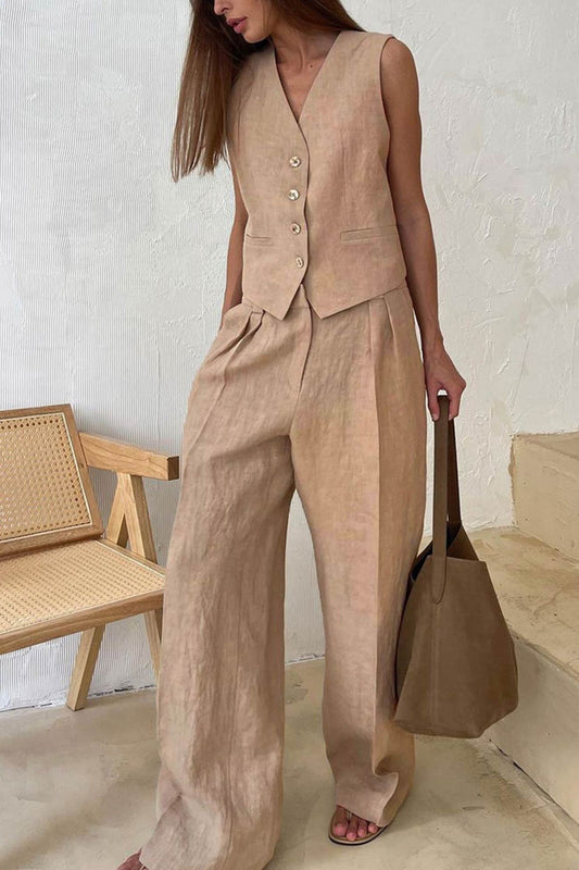 Cotton Linen Tank Top Pants Suits
