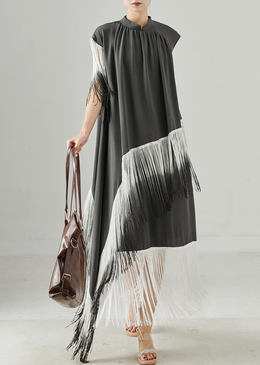 Grey Tasseled Patchwork Asymmetrical Design Robe Dresses
