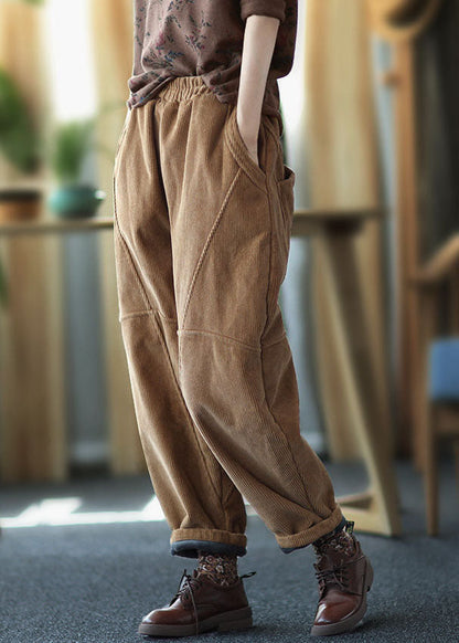 Brown Patchwork Thick Corduroy Pants Elastic Waist Winter