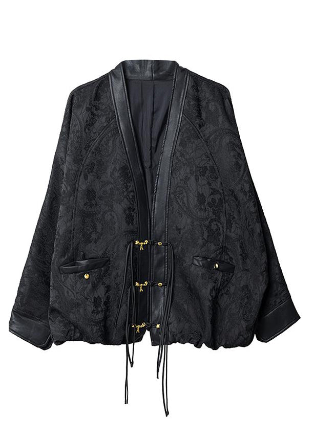 Jacquard Black V Neck Patchwork Coats Batwing Sleeve