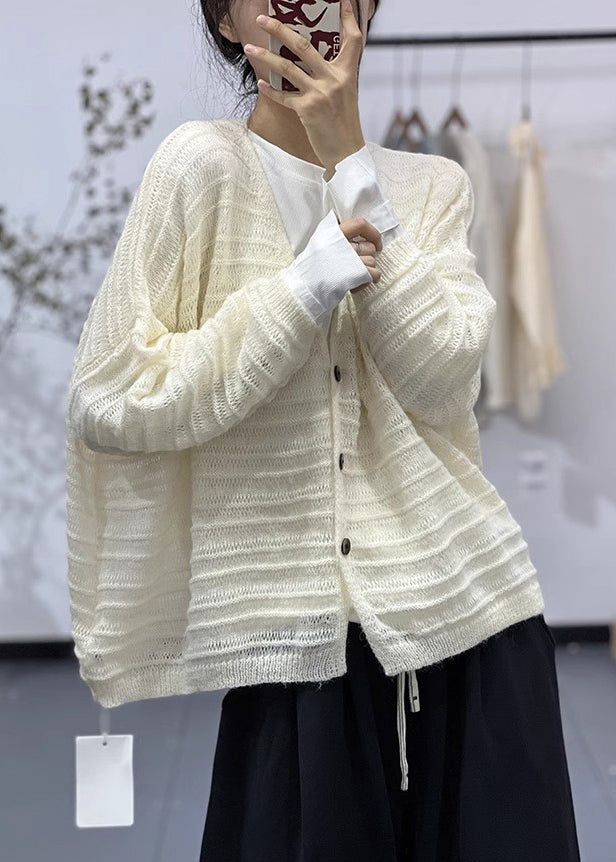 Light Apricot Button Cotton Knit Coats Long Sleeve