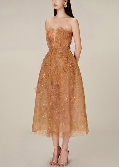 Caramel Lace Sequins Tulle Long Dress Strapless Summer