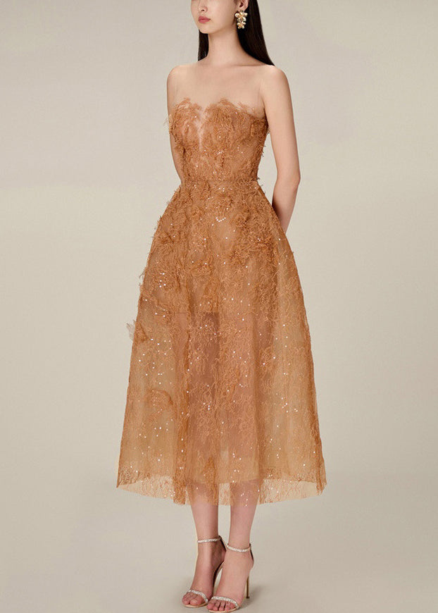 Caramel Lace Sequins Tulle Long Dress Strapless Summer