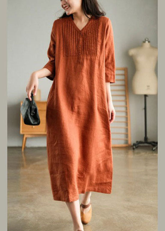 Organic Orange V Neck Wrinkled Linen Party Dress Half Sleeve