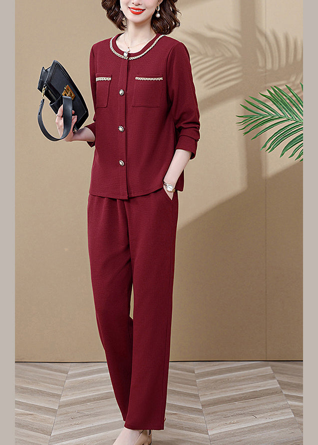 Wine Red O-neck Butto Cardigans and Wide Leg Pants Two Pieces Set Long Sleeve