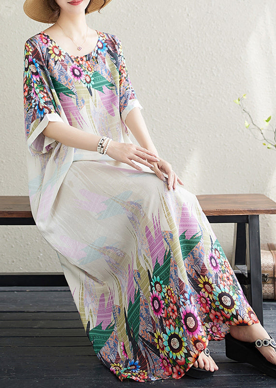 Fitted White Oversized Print Cotton Sundress Batwing Sleeve