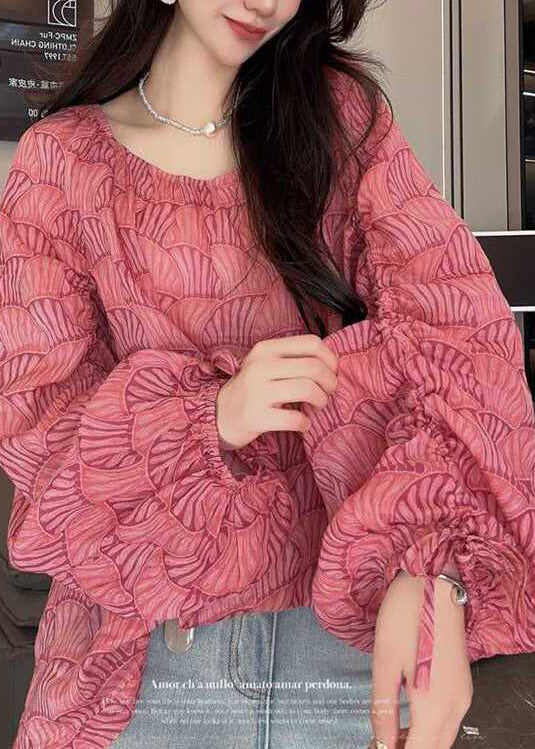 Rose O Neck Print Cinched Cotton Blouses Lantern Sleeve