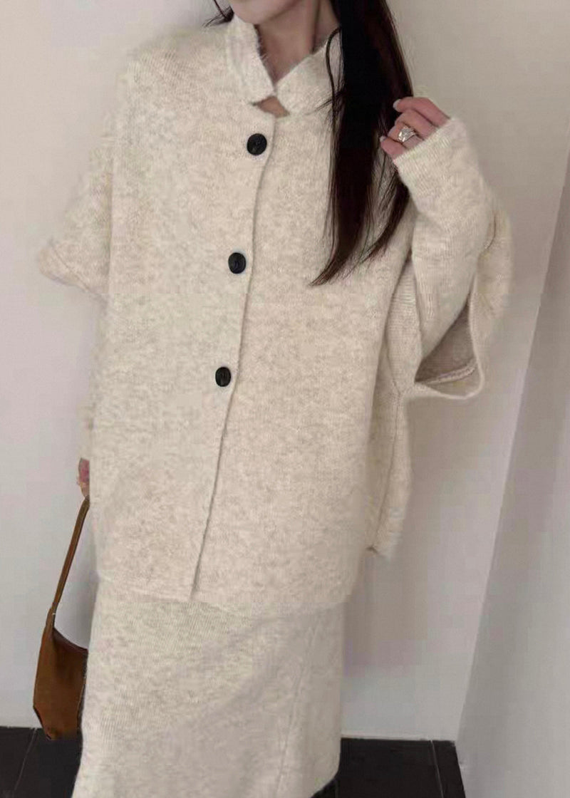 Slim Fit Beige Button Coat and Dresses Knit Three Piece Set Spring