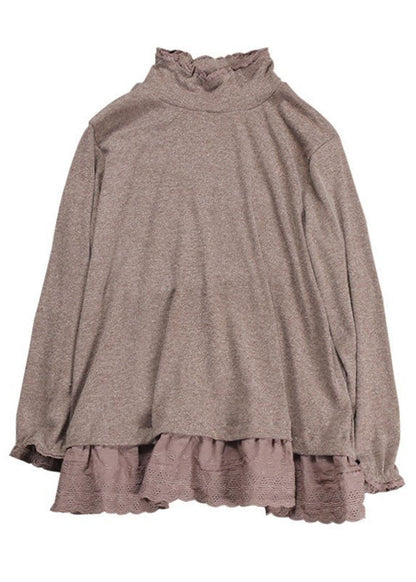 Chocolate Stand Collar Patchwork Ruffles Cotton Tops Spring