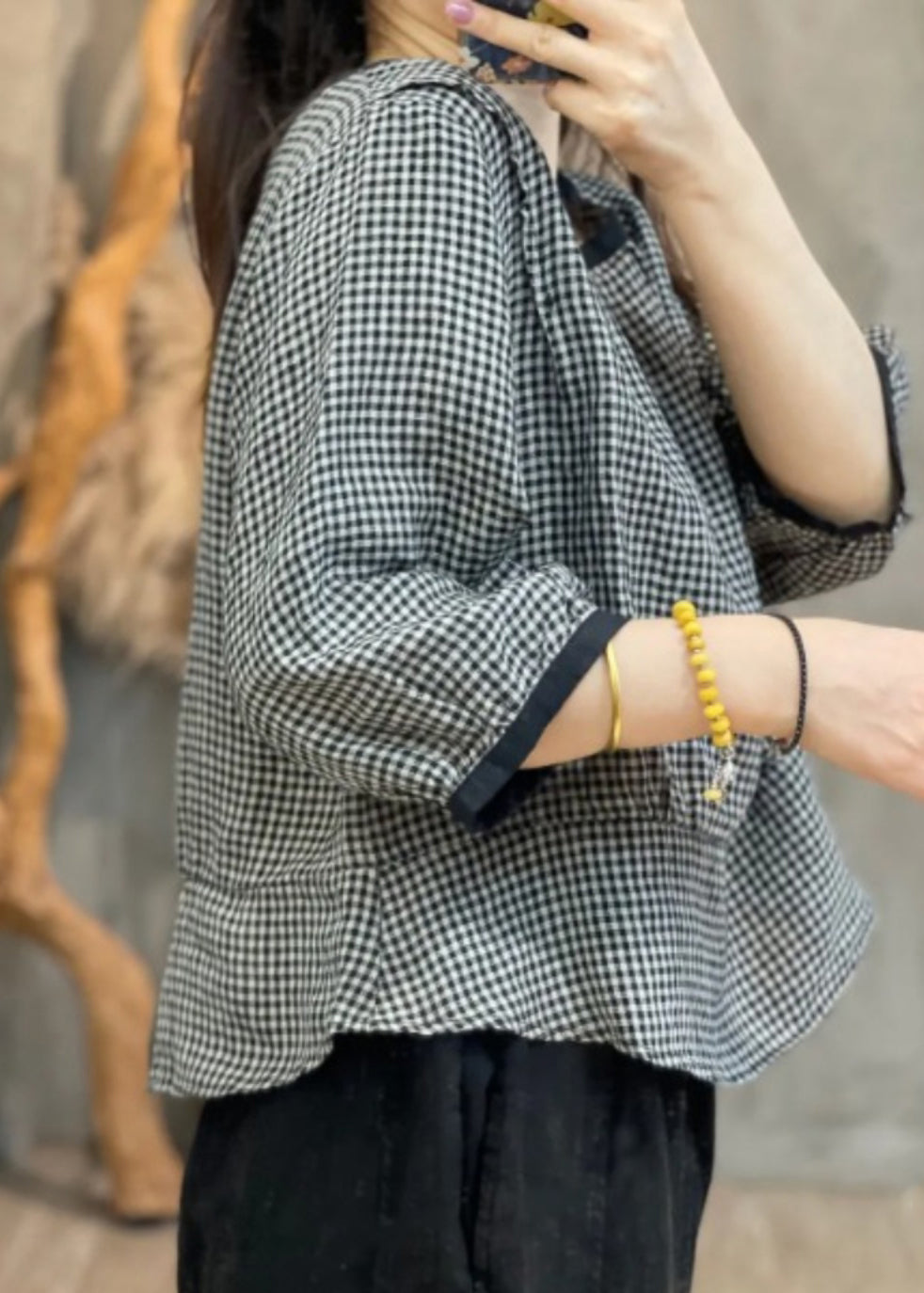 Loose Black Plaid O-neck Patchwork Shirt Bracelet Sleeve