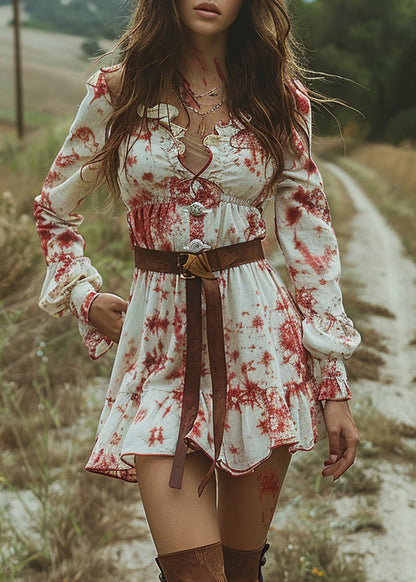 V Neck Ruffled Tie Dye Pastoral Style Mini Dress Long Sleeve