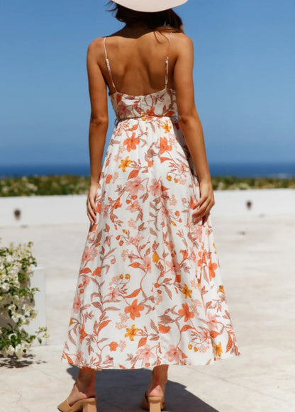 White Print Cotton Spaghetti Strap Dress Summer