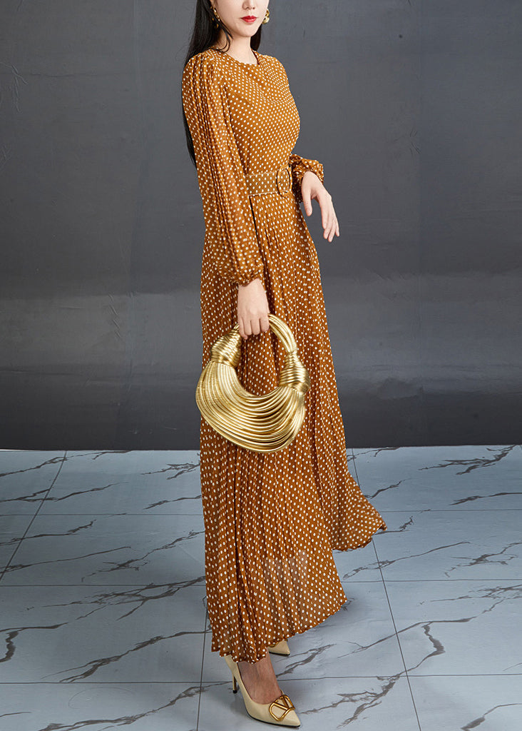 Orange Dot High Waist Chiffon Long Dress Fall