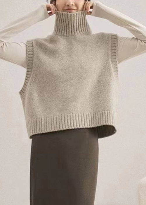 Camel Turtleneck Patchwork Knit Waistcoat Sleeveless