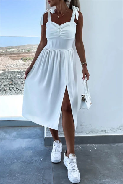 Color Print Backless Slit Belted Spaghetti Strap Sleeveless Dresses(7 Colors)