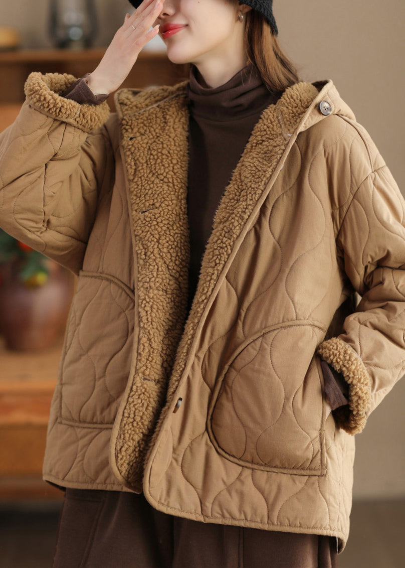 Khaki Oversized Fleece Wool Lined Hooded Jacket Spring
