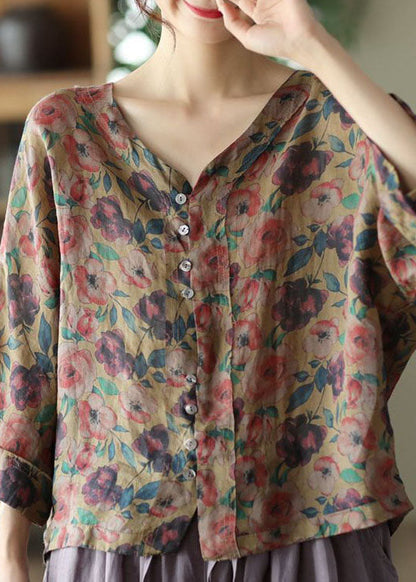 Coffee V Neck Print Linen Shirt Tops Summer