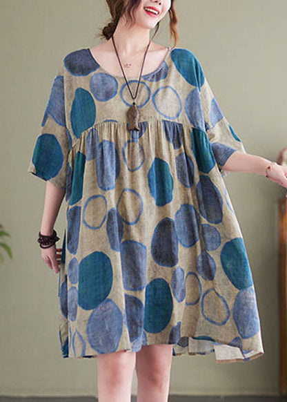Loose Blue O-neck Patchwork Cotton Holiday Dress Short Sleeve