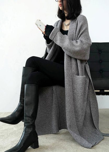 Grey Pockets Tie Waist Knit Loose Cardigans Fall Winter