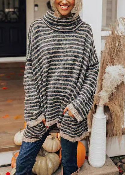 Black Hign Neck Thick Striped Knitted Sweaters Tops Fall