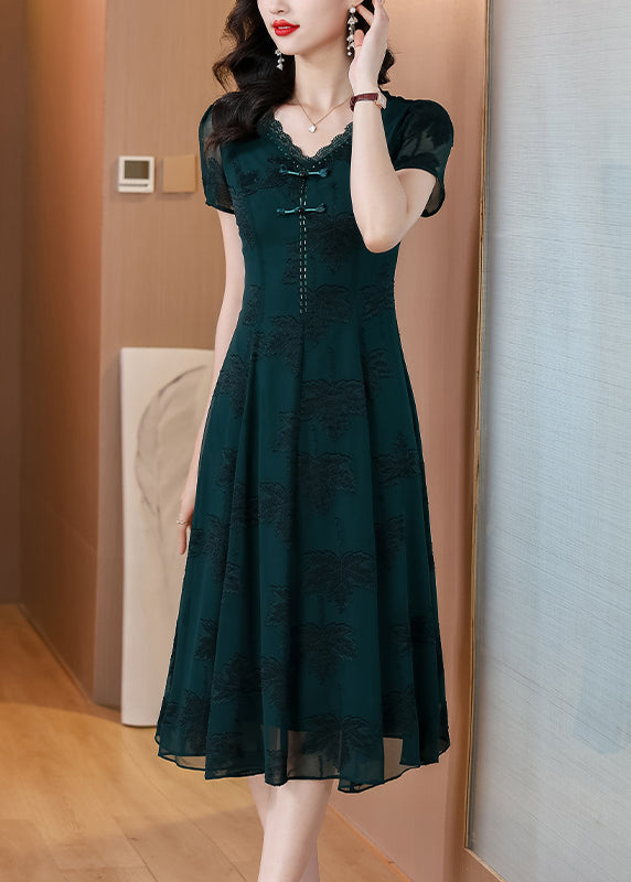 Blackish Green V Neck Embroidered Chiffon Long Dress Summer