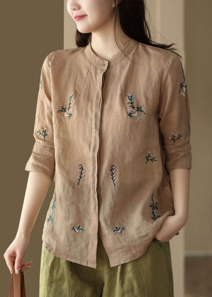 White Stand Collar Embroidered Patchwork Linen Tops Summer