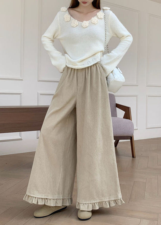 Apricot Ruffled Patchwork Elastic Waist Corduroy Pants Fall