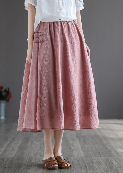 Pink Embroidered Chinese Button Linen Skirts Spring