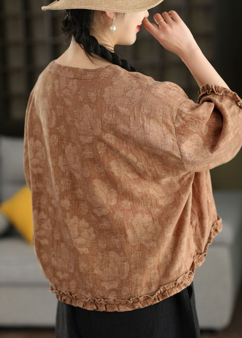 Green Ruffled Jacquard Linen Blouses Bracelet Sleeve