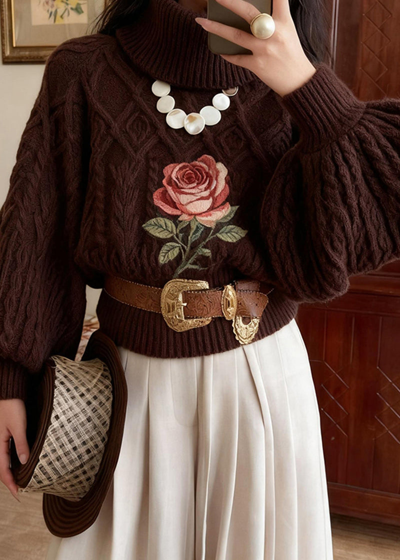 Chocolate Turtleneck Rose Knitted Cotton Sweater Winter