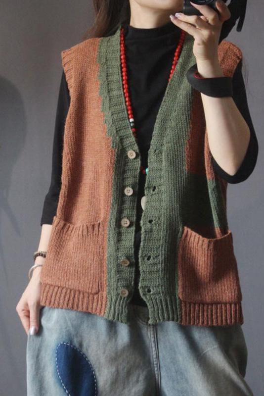 Retro Knitted Color Contrast Sleeveless Sweater Coat