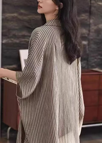 Khaki Peter Pan Collar Striped Shirt and Shorts Two Piece Set Summer