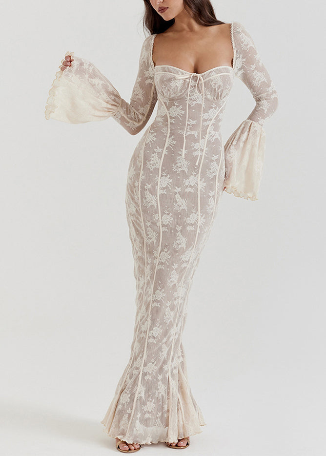 Slim Fit White Square Collar Backless Lace Long Dresses Flare Sleeve