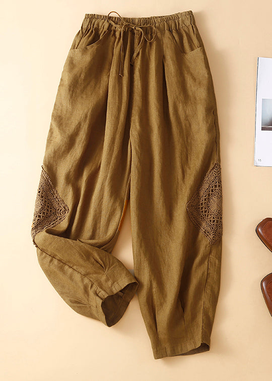 Green Hollow Out Patchwork Cotton Crop Pants Summer