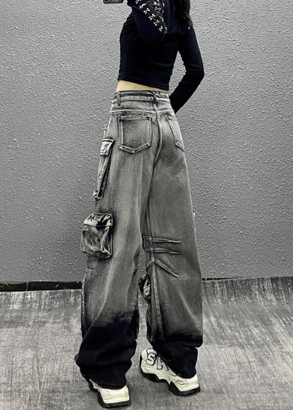Gray Black Multi Pocket Denim Pants Autumn