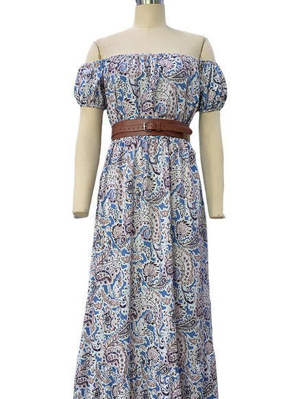 Blue Cold Shoulder Print Sashes Cotton Dresses Summer