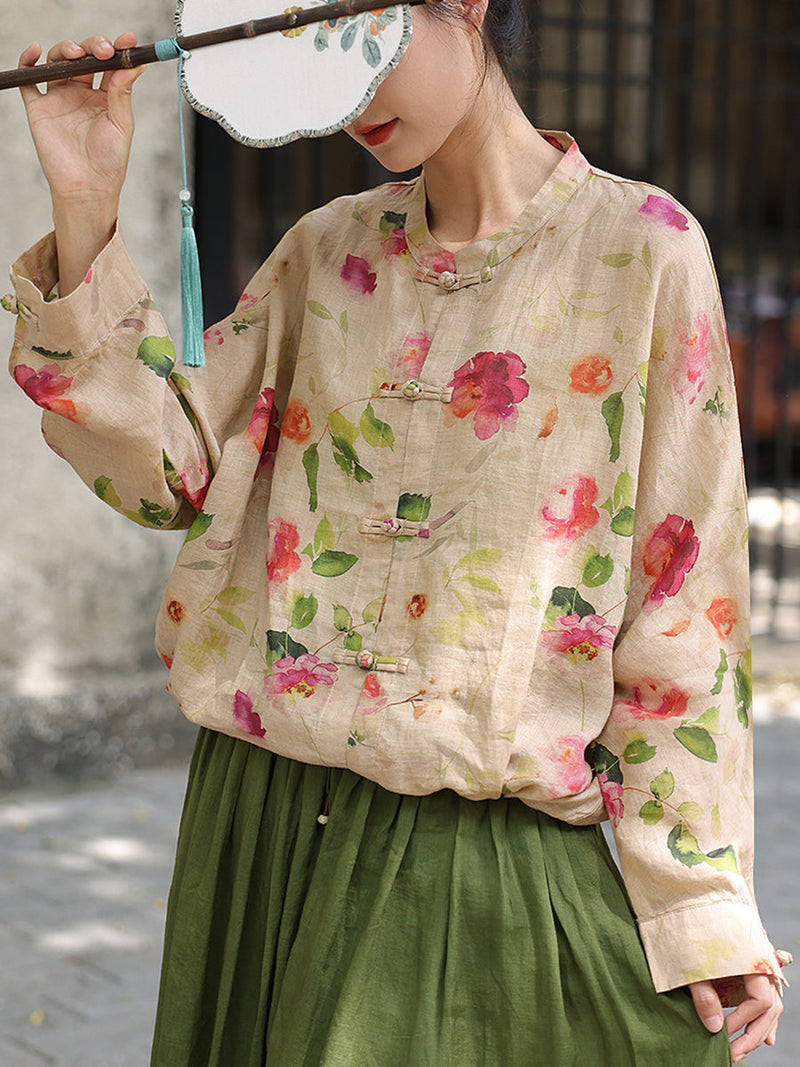 Flower Button-up Ramie Loose Shirt