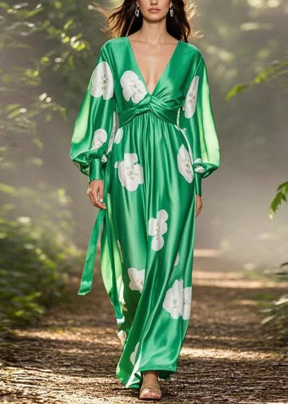 Handmade Green V Neck Print Silk Long Dress Spring