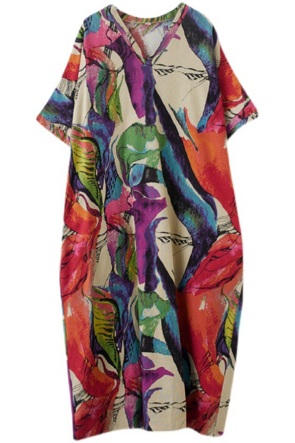 Cotton Linen V-neck Loose Long Dress Short Sleeve Printed Dress