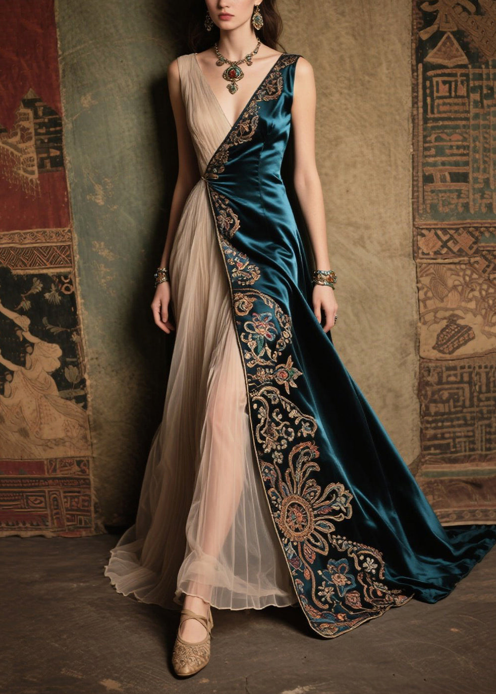 Peacock Blue Jacquard Tulle Patchwork Silk Velour Dress Summer